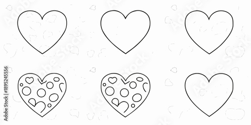 Simple heart outlines and patterned hearts on a white background