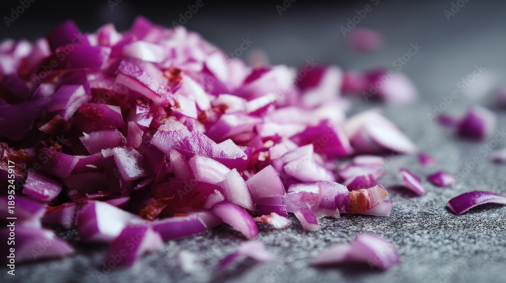 Obraz premium Pile of freshly chopped red onion on a dark kitchen surface for cooking preparation. Ingredient for healthy culinary dish.