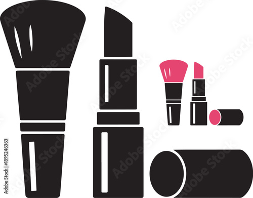 A collection of black silhouette makeup tools including brushes lipstick and compact design