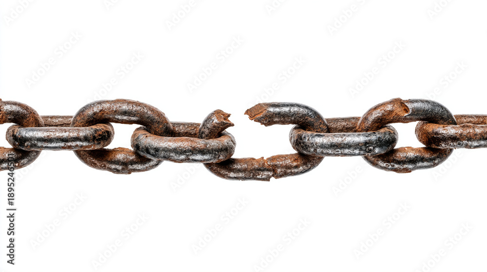 Fototapeta premium Broken Rusty Chain Link on White Background