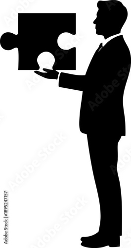 Problem solver silhouette isolated on white background minimalist person holding puzzle piece solution illustration