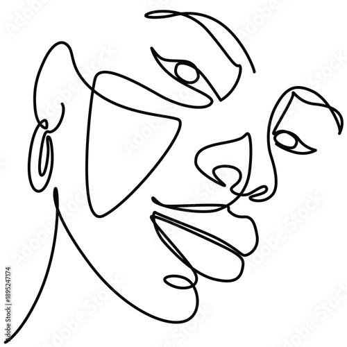 Black woman with earrings one line drawing. Black woman with earrings single line illustration. Black woman with earrings minimalist line art