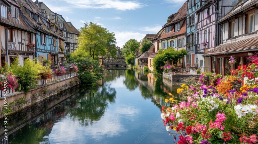 Fototapeta premium Colorful traditional houses line a tranquil canal in a historic European town. Idyllic travel destination and picturesque architecture for tourism.