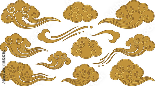 Golden cloud ornament set, traditional asian wind clouds, decorative swirl patterns, oriental style vector illustration