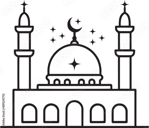Simple black and white line drawing of a mosque with a crescent moon and stars