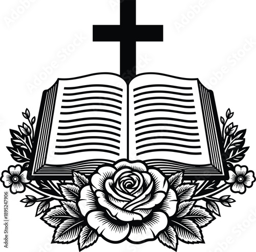 Holy Bible with cross and rose flowers for religious celebration, spiritual memorial icon