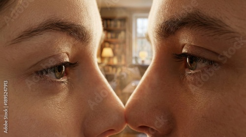 Wallpaper Mural Two faces almost touching, close-up of eyes and noses in warm indoor light Torontodigital.ca