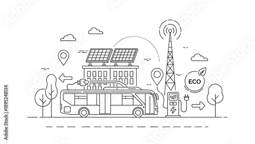 Electric bus charging with solar energy, eco friendly transport concept