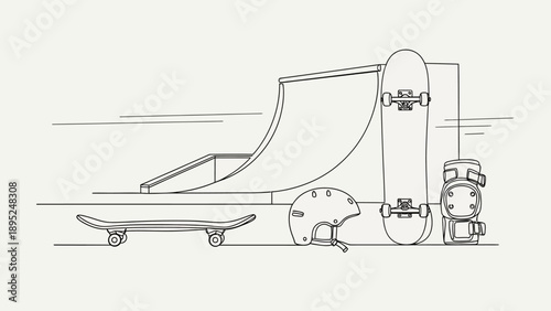 Skateboarding equipment and ramp in minimalist line art style.