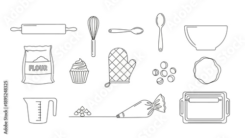 Collection of baking tools and kitchen utensils in line art style.