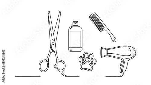 Vector Line Art of Pet Grooming Equipment