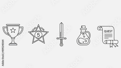 Collection of gaming icons: trophy, level star, sword, potion, and quest scroll