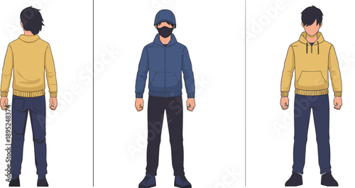 Professional Modern Male Character Design Sheet with Front, Back & Turnaround Views - Includes Anonymous Masked Variant, Casual Hoodie Outfit, Detailed Gear, Weapon Icons & Flat Vector Accessories
