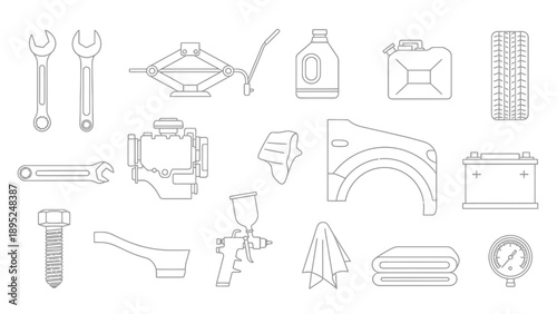 Set of automotive tools and car parts in outline style.