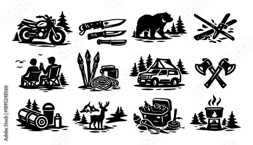 sticker outdoor adventure camping hiking fishing hunting gear set icon template logo silhouette