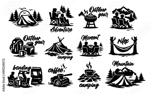 sticker outdoor adventure camping hiking fishing hunting gear set icon template logo silhouette