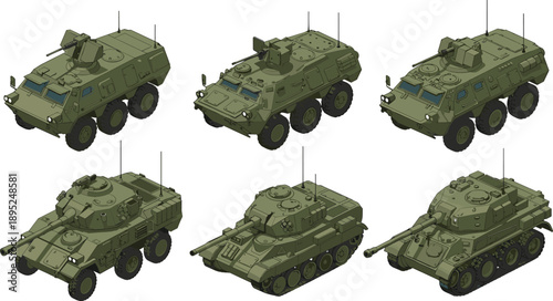 Isometric military armored vehicles illustration, modern tanks and armored cars set, army combat transport concept