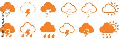 Storm rain weather icon vector set featuring clouds, lightning, heavy rainfall, and thunder symbols,