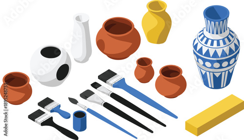 Pottery ceramic vases and painting tools illustration set, handmade clay crafts art supplies vector collection