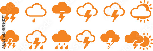 Storm and rainy weather icon set in vector style with clouds, lightning, and rain elements, suitable for meteorology graphics, forecast dashboards, ui design, and vector illustration use.