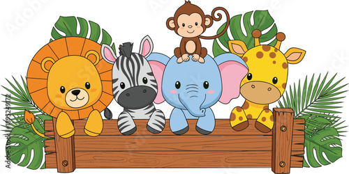 Cute jungle safari animals vector illustration featuring baby lion, zebra, elephant, monkey, and giraffe sitting behind a wooden sign with tropical monstera leaves for kids nursery decor.