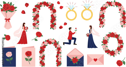 Romantic wedding flat vector elements set featuring floral arches, bride and groom characters, diamond engagement rings, rose bouquets, love letters, and invitations for marriage celebration design pr