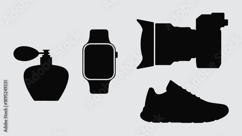 Black silhouette icons of a perfume bottle, smartwatch, camera, and sneaker on gray Keywords: silhouette, icon, perfume bottle