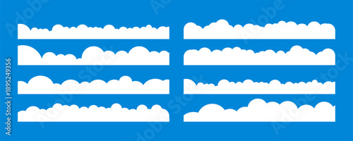Cloud border. Simple cloudy shapes divider. Flat long section with white puffy cumulus clouds in blue sky. Abstract weather elements banner. Vector cloudscape background.