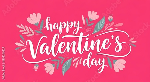 Happy Valentine’s Day Floral Typography on Pink Romantic Background