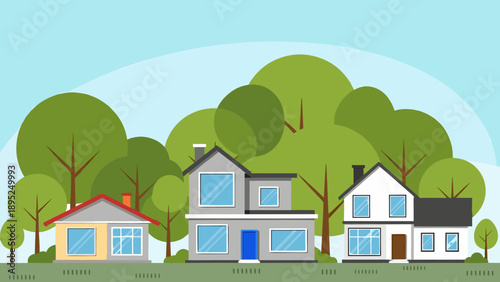 Suburban homes nestled among lush green trees on a sunny day