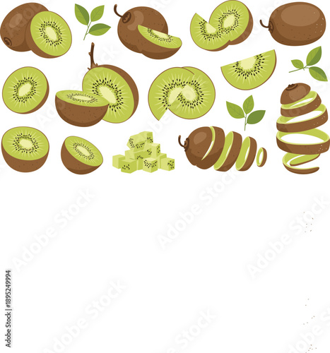 Set of kiwi fruit illustrations showing whole sliced halves cubes and spiral cuts vector icons isolated