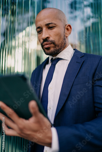 Fotografie Businessman staring at tablet with calm focus, standing near glass wall, embodying modern concentration and technology-driven decision-making in corporate workflow