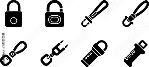 Collection of security and attachment hardware icons including locks and carabiners