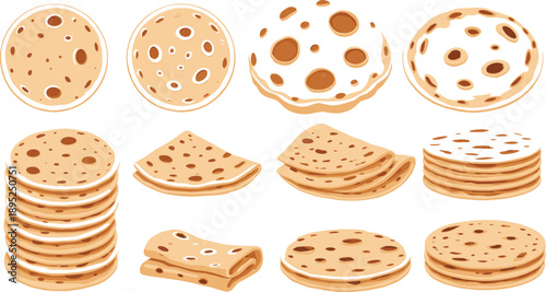 Set of tortillas flatbreads and wraps including stacked folded and sliced pieces vector illustrations isolated