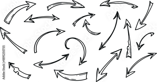 A collection of hand drawn arrows in various directions on a white background