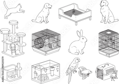 A collection of line art representations of various animals, pet accessories, and habitats. The image showcases the basic outlines of various domestic pets and the items commonly associated with them.