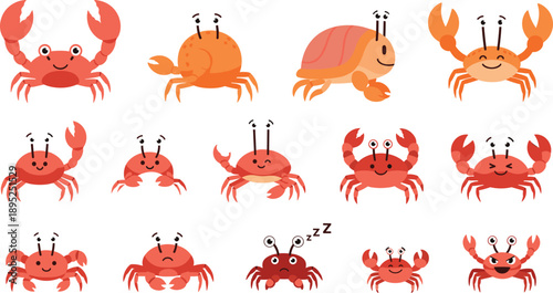 Cute cartoon crab character set with funny expressions and poses marine animal vector illustrations isolated