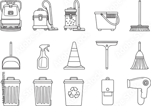 An assortment of cleaning tools and equipment is neatly arranged, ready to tackle any mess. From vacuums and brooms to a traffic cone. These tools create a clean and organized image for any situation.