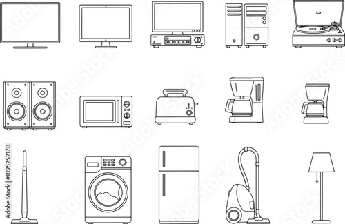 A minimalist illustration of an array of essential household appliances, rendered in a sleek, monochrome design.