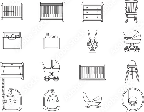 A collection of meticulously rendered baby furniture in a crisp line art style, perfect for illustrating the essentials of infant care and nursery design.