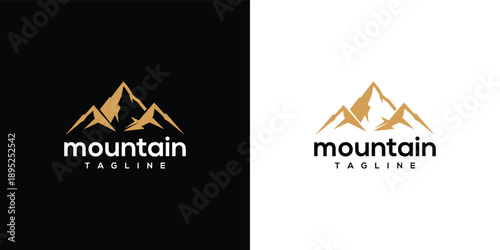 Mountain logo design concept presented in dual contrasting backgrounds showcasing modern typography and stylized mountain range silhouette