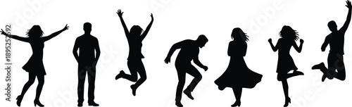 happy people jumping silhouettes, dancing men and women celebration, joyful lifestyle poses, success and freedom concept, black isolated illustration set