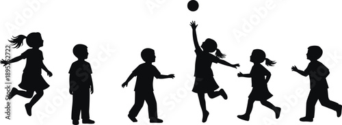 kids playing ball silhouettes, children running and jumping, outdoor childhood fun, playful boys and girls, black isolated sport activity illustration