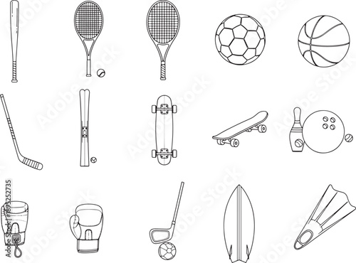 Collection of iconic sports equipment, each intricately drawn in a line art illustration style. Representing the diversity of physical activities and recreational pursuits. 