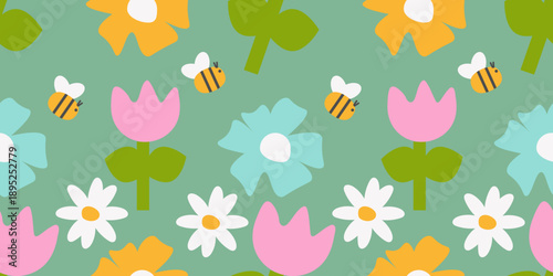  Seamless summer children's pattern with bees and abstract flowers on a green background. Perfect for textiles, packaging, and covers. Vector design.