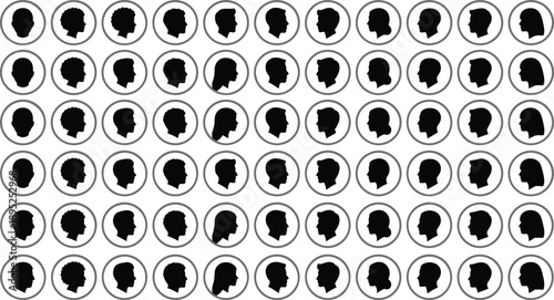 male profile avatar icons set, head silhouette collection, circular framed user portraits, black isolated people symbols, diverse hairstyle profiles