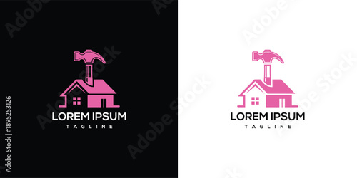 Industrial machinery logo template with house and hammer on contrasting backgrounds