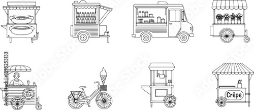 A charming collection of eight illustrated food carts and trucks, capturing a sense of culinary variety and street food culture.