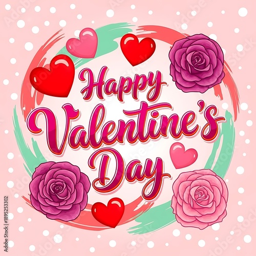Happy Valentine’s Day Card with Hearts and Roses on Soft Pink Background