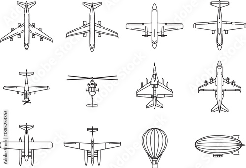 A collection of intricate line art illustrations showcases a variety of aircraft from diverse angles, inviting admiration.